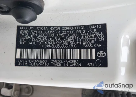 2013 Toyota Prius Two z USA, uszkodzony, nr VIN JTDKN3DU6D0353700